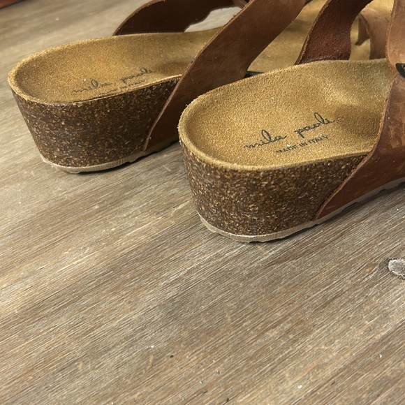 Mila Paoli Italy Leather Braided Strap Cork Wedge Sandals Shoes Tan Size 9 - Picture 8 of 16